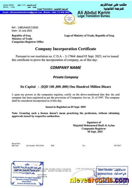 Iraq company incorporation certificate